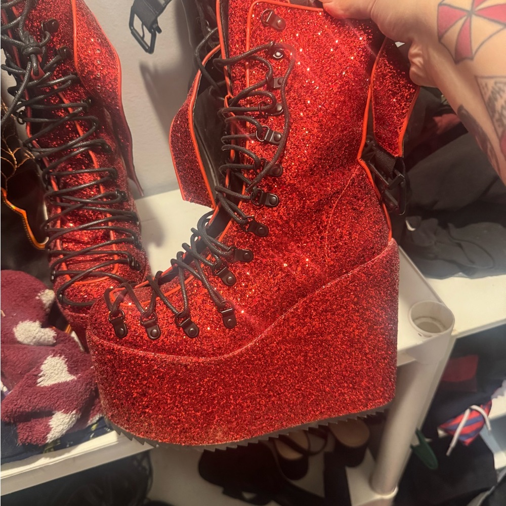 Dolls Kill Red Platform Combat Boots